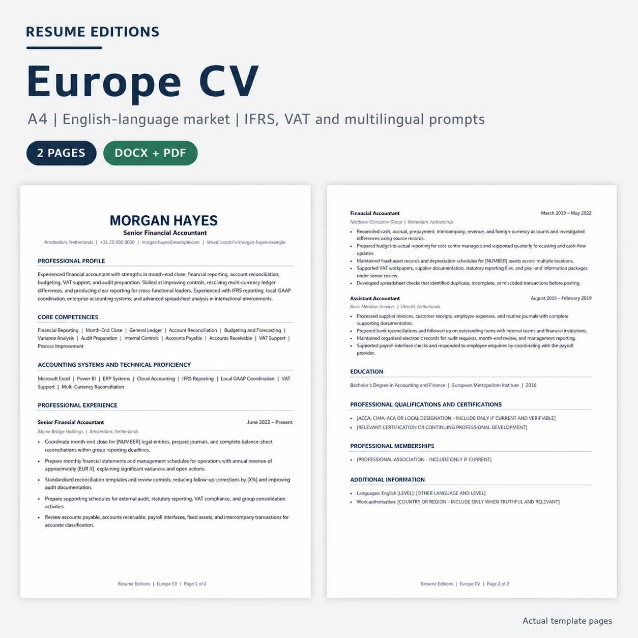 European English-language experienced accountant CV template preview
